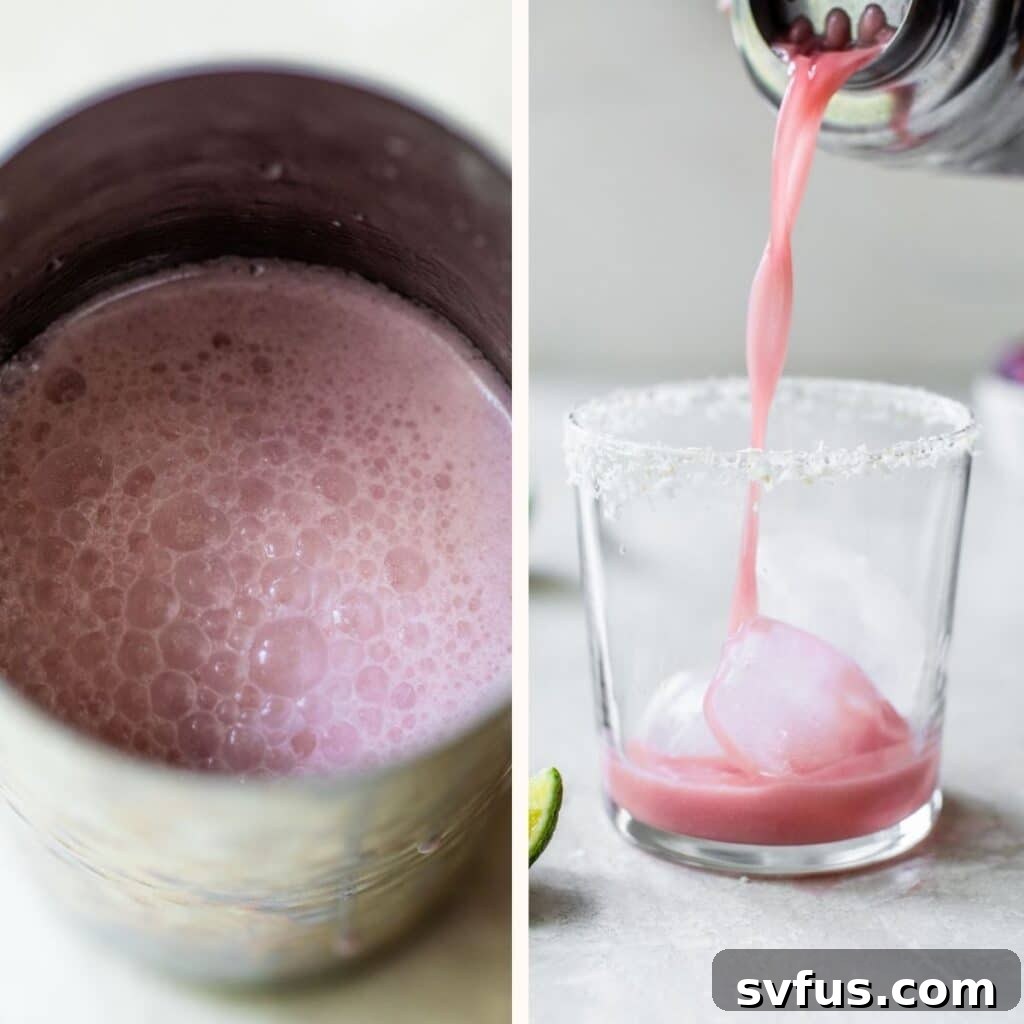 A pink cocktail in a cocktail shaker on the left and being poured into a glass on the right