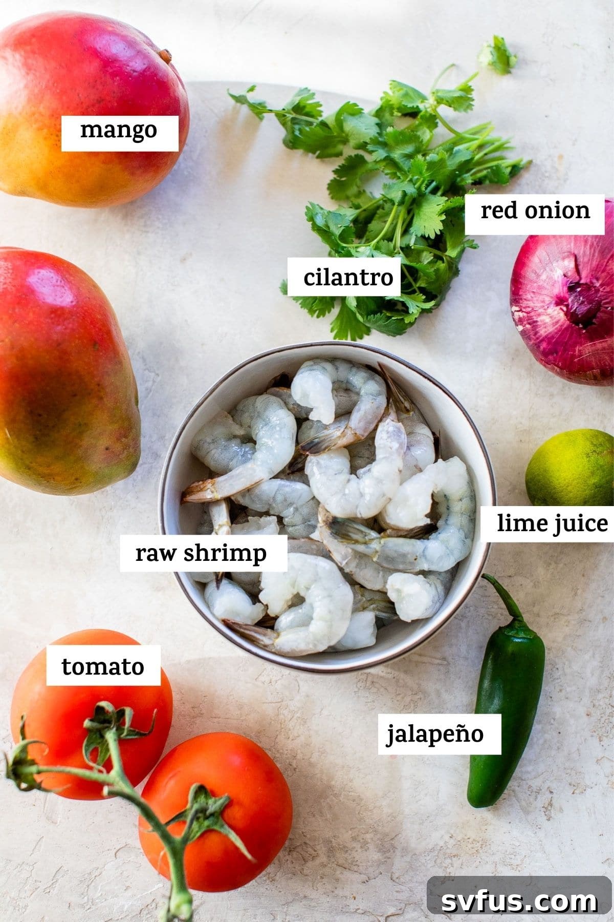 All the fresh ingredients for mango ceviche laid out on a rustic wooden table, including raw shrimp, mango, tomatoes, red onion, lime, jalapeño, and cilantro, ready for preparation.