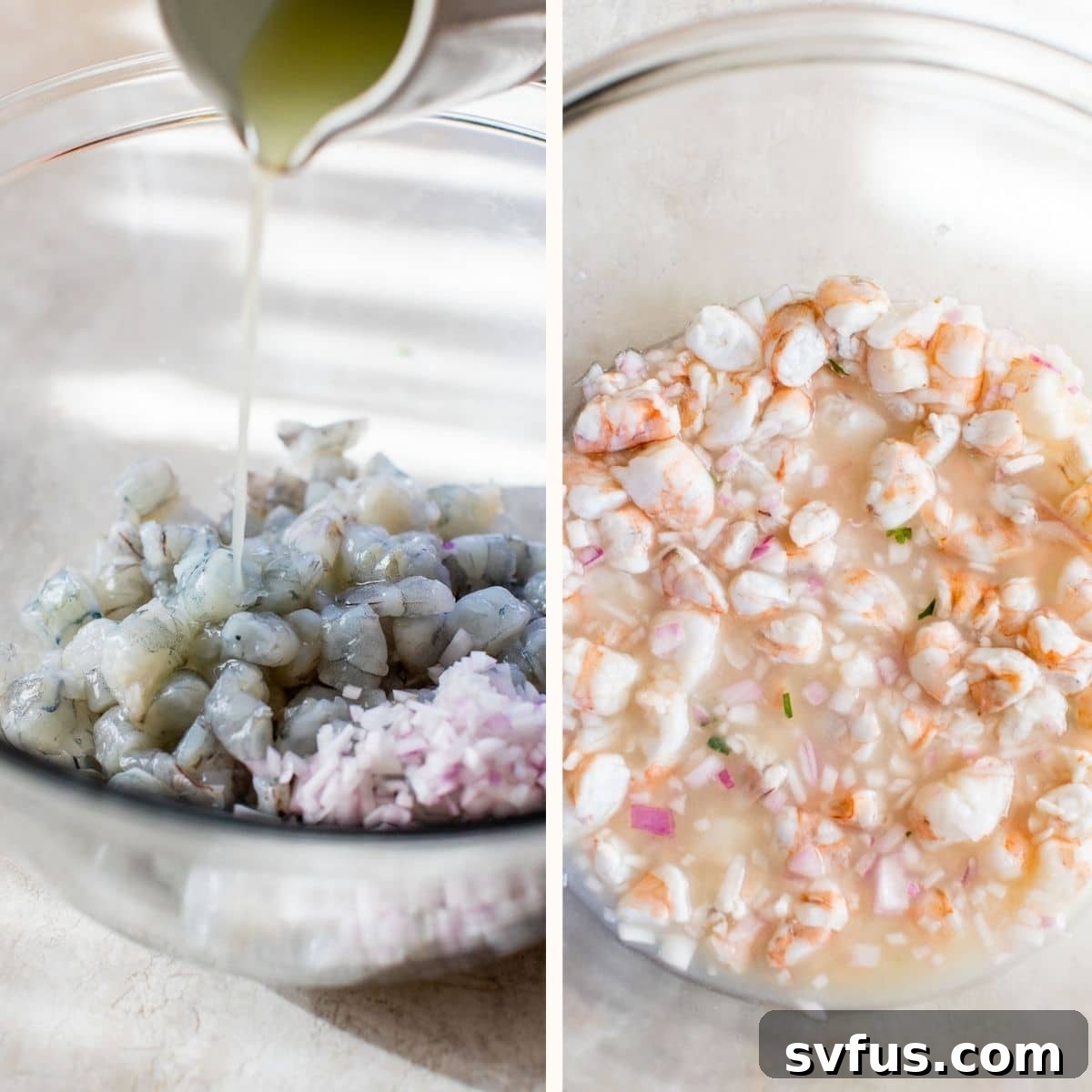 A side-by-side comparison showcasing a bowl of raw, greyish shrimp next to a bowl of perfectly 'cooked' pink shrimp, illustrating the transformation achieved by lime juice marination.