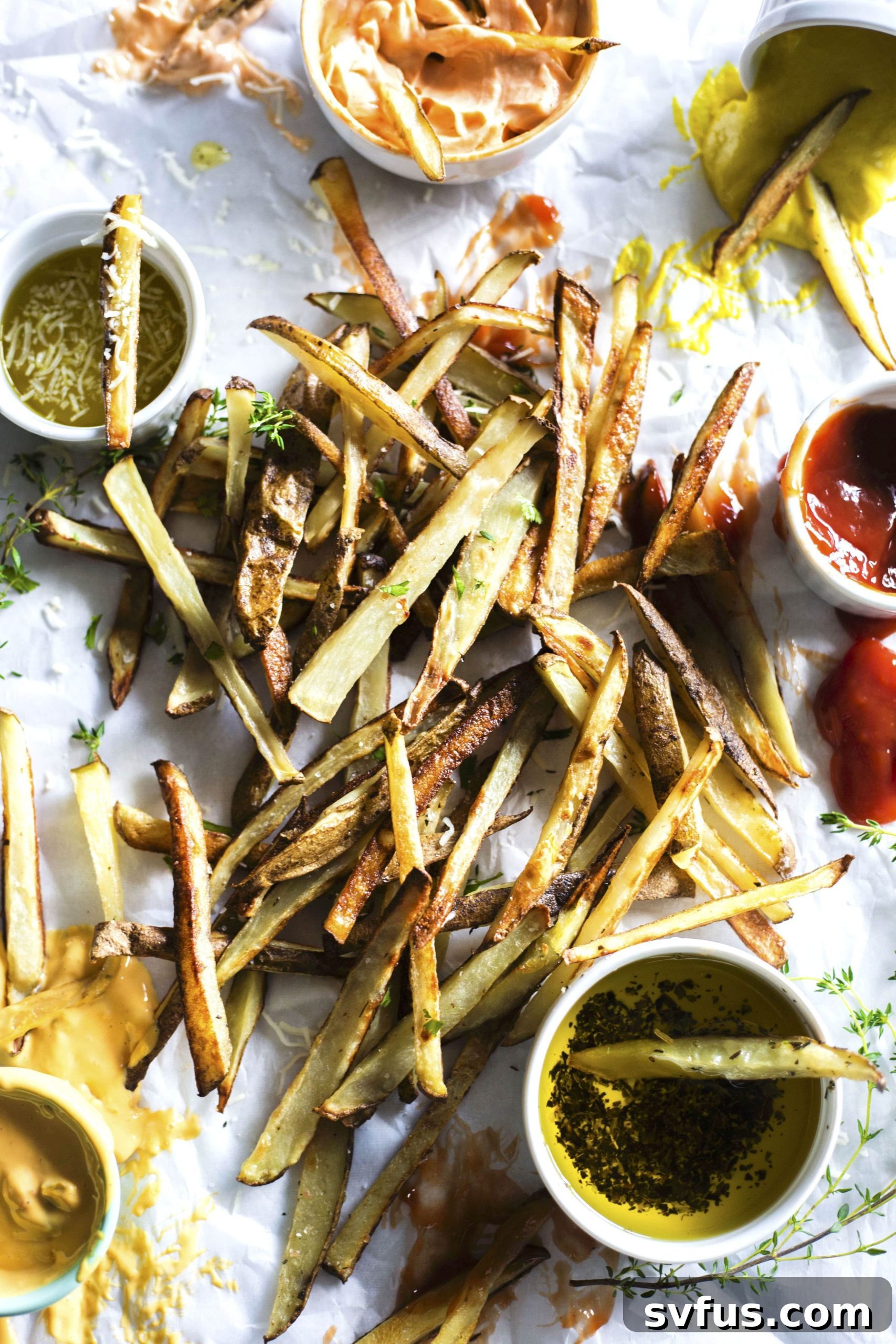 French Fry Bar setup with various condiments and freshly baked homemade fries, perfect for a lively party appetizer.