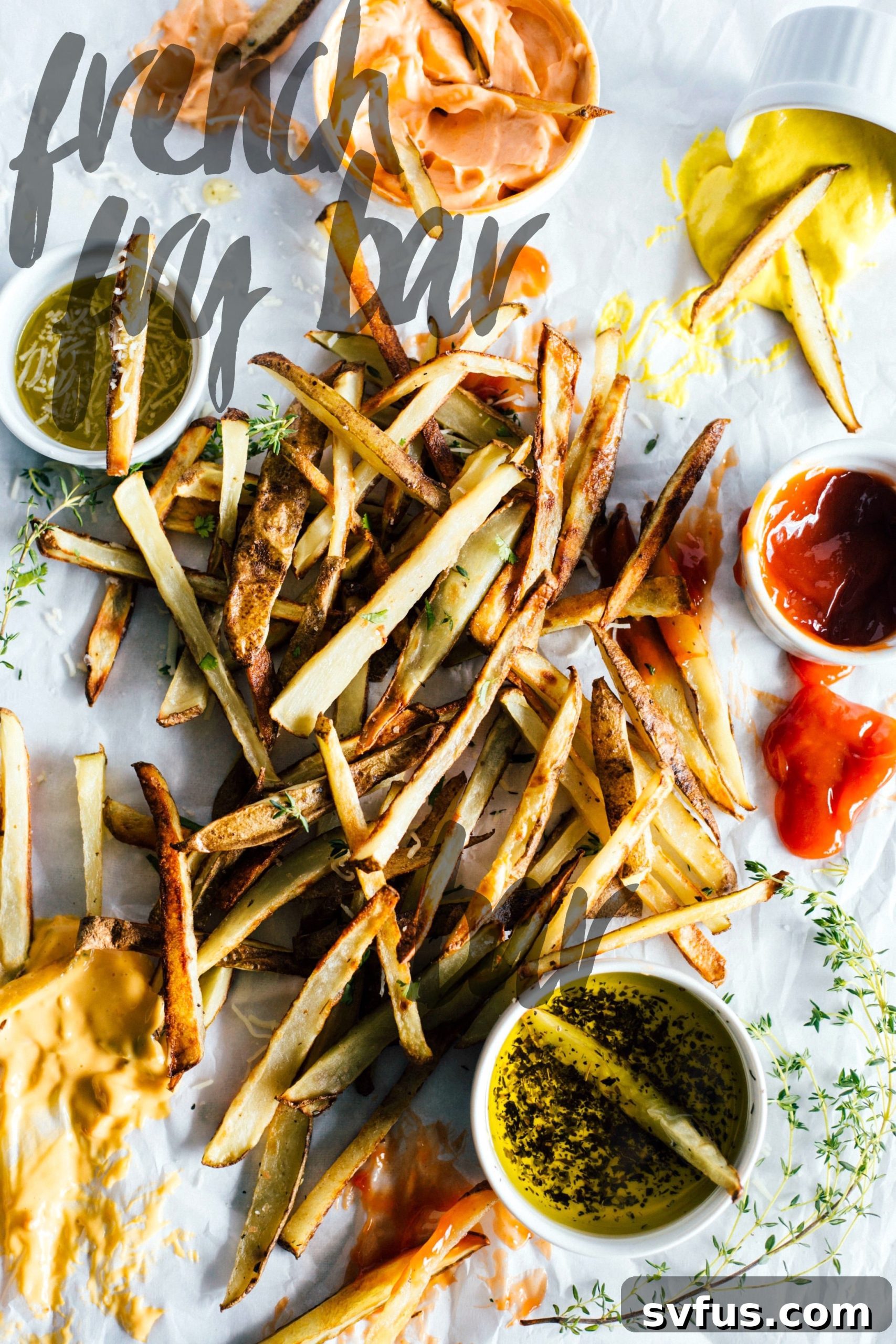 Close-up of golden baked homemade fries with an array of vibrant dipping sauces, showcasing customizable party food fun.