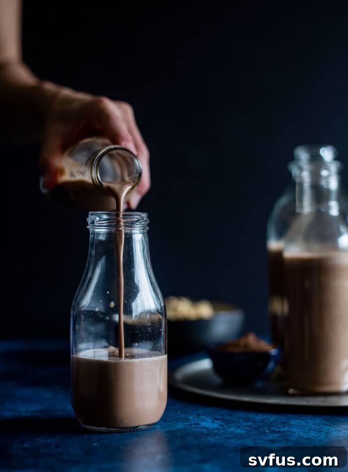 Rich and creamy chocolate peanut milk in a glass, a perfect dairy-free and vegan beverage option.