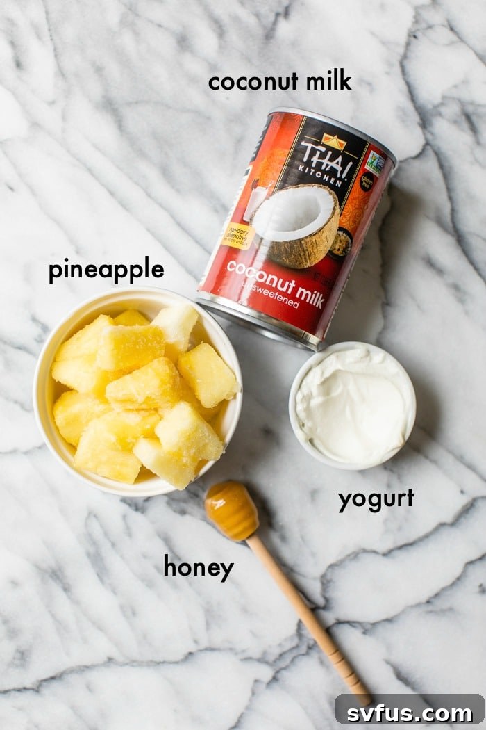 Essential ingredients for a Piña Colada Smoothie laid out neatly on a marble table, showcasing fresh pineapple, coconut milk, yogurt, and honey.