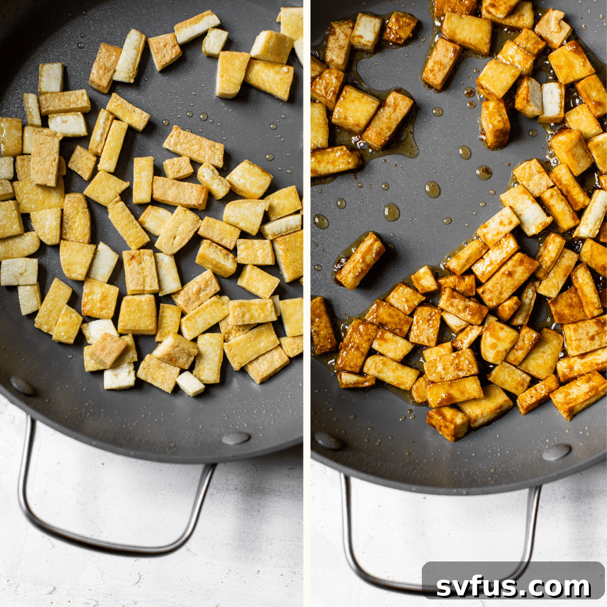 Crispy tofu cubes being evenly coated in a rich, sticky sesame sauce within a large skillet, ready to be incorporated into fresh spring rolls.