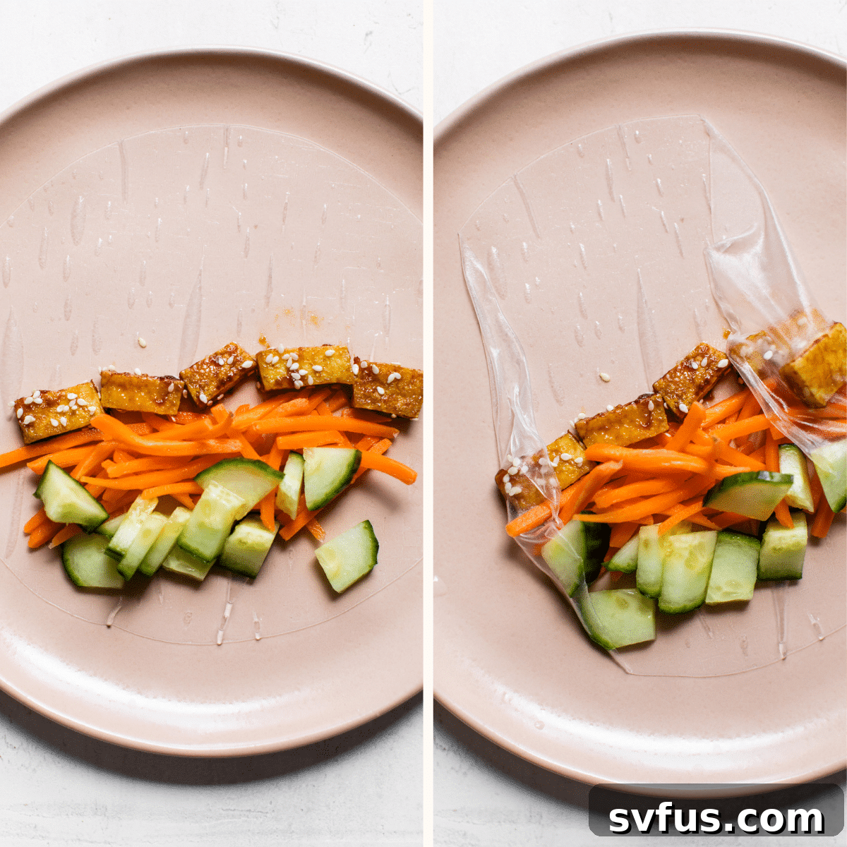 A single, perfectly rolled fresh spring roll resting on a white plate, showcasing its neatly wrapped fillings before being served.