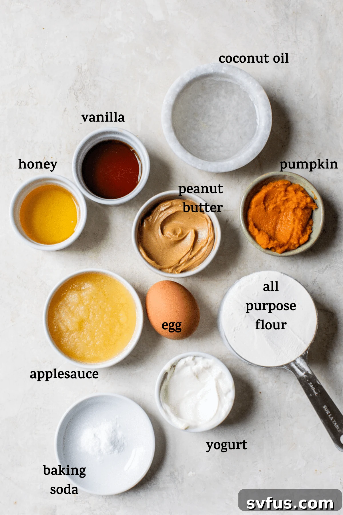 All the dry and wet ingredients for the dog cake laid out on a table with a text overlay.