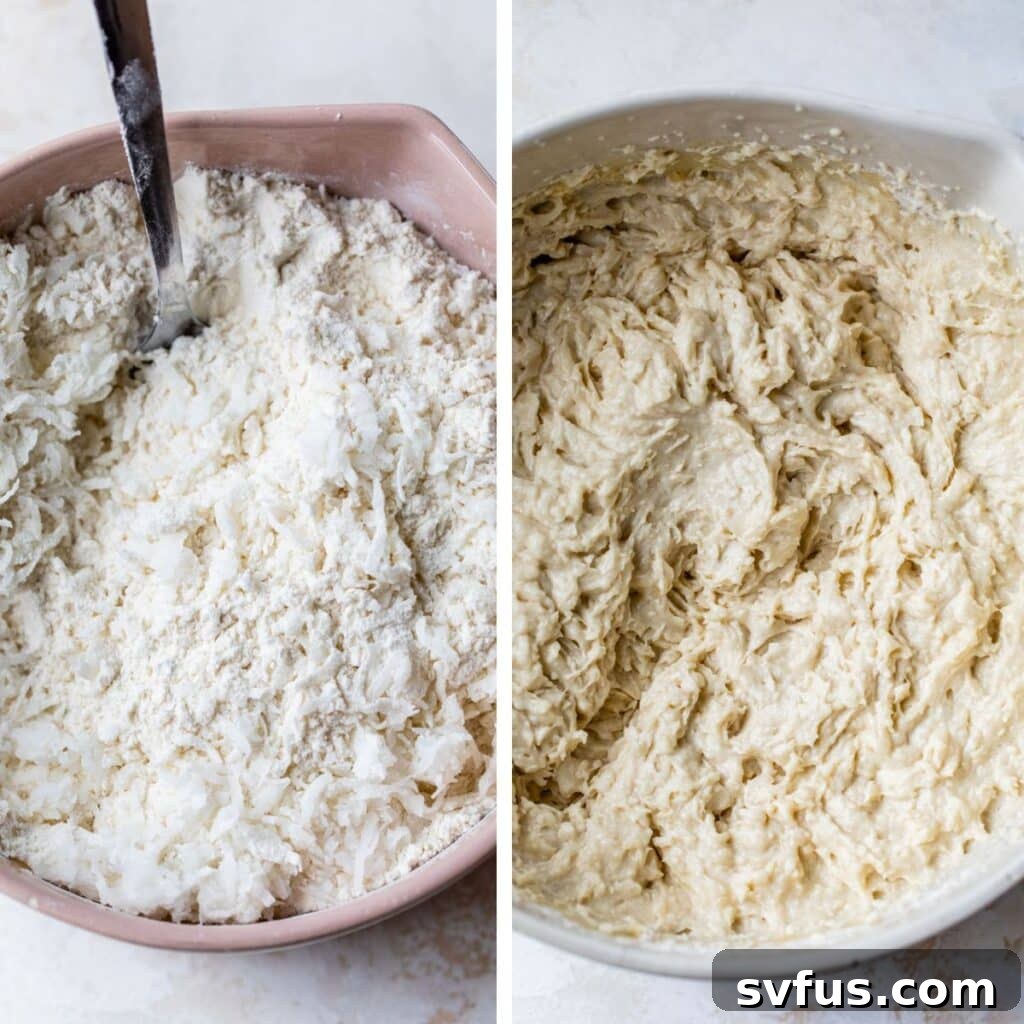 Two images side by side: the left shows dry cake ingredients in a mixing bowl; the right shows smooth, mixed cake batter in a separate mixing bowl.