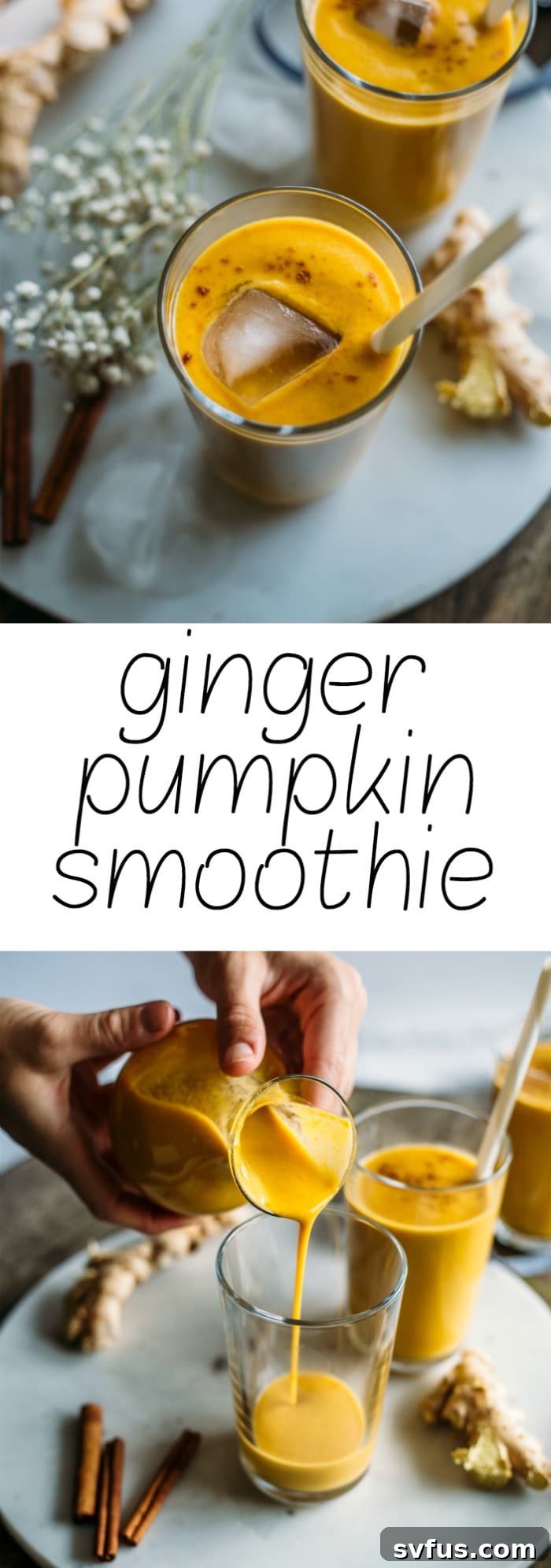 A vibrant Ginger Pumpkin Smoothie in a glass, with a lush background, emphasizing health and deliciousness.