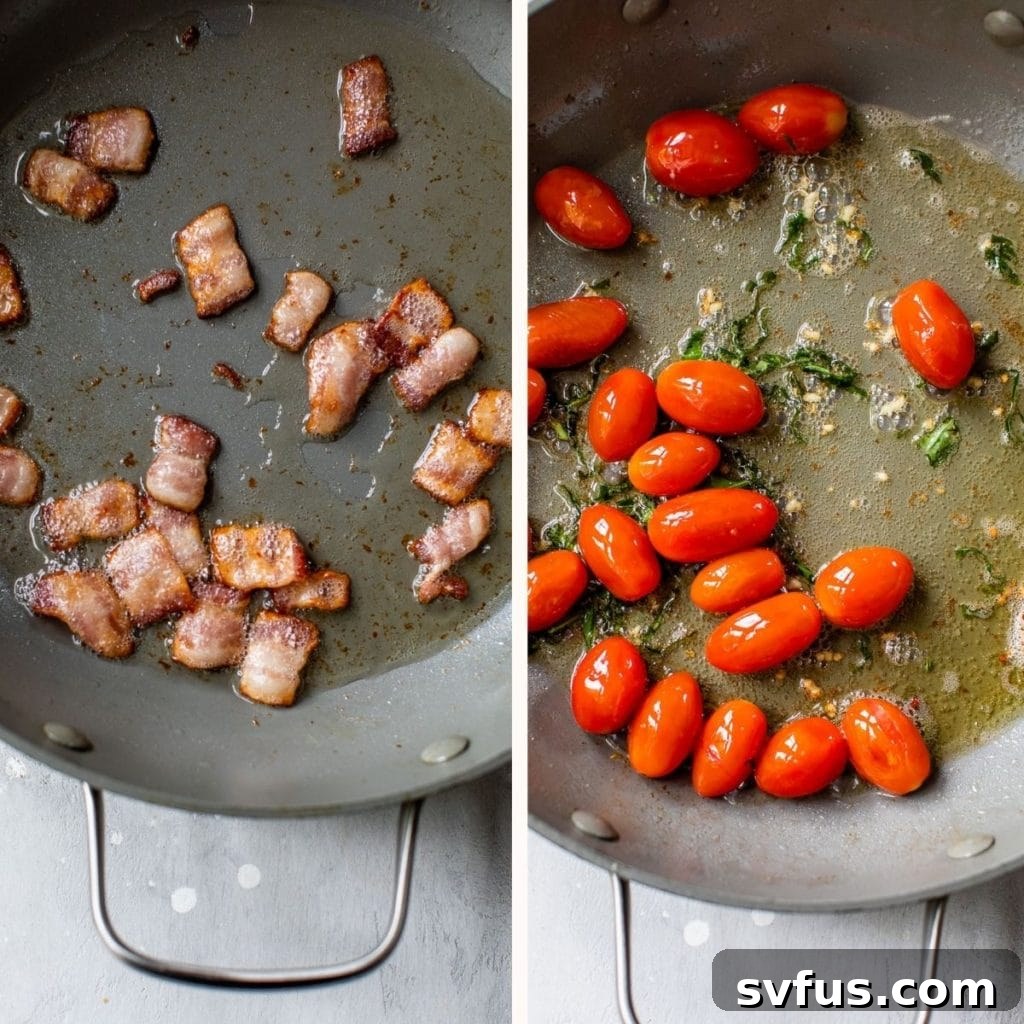 Two separate close-up shots: one showing chopped bacon sizzling in a skillet, and the other showing vibrant grape tomatoes sautéing in the same pan, highlighting the cooking process.
