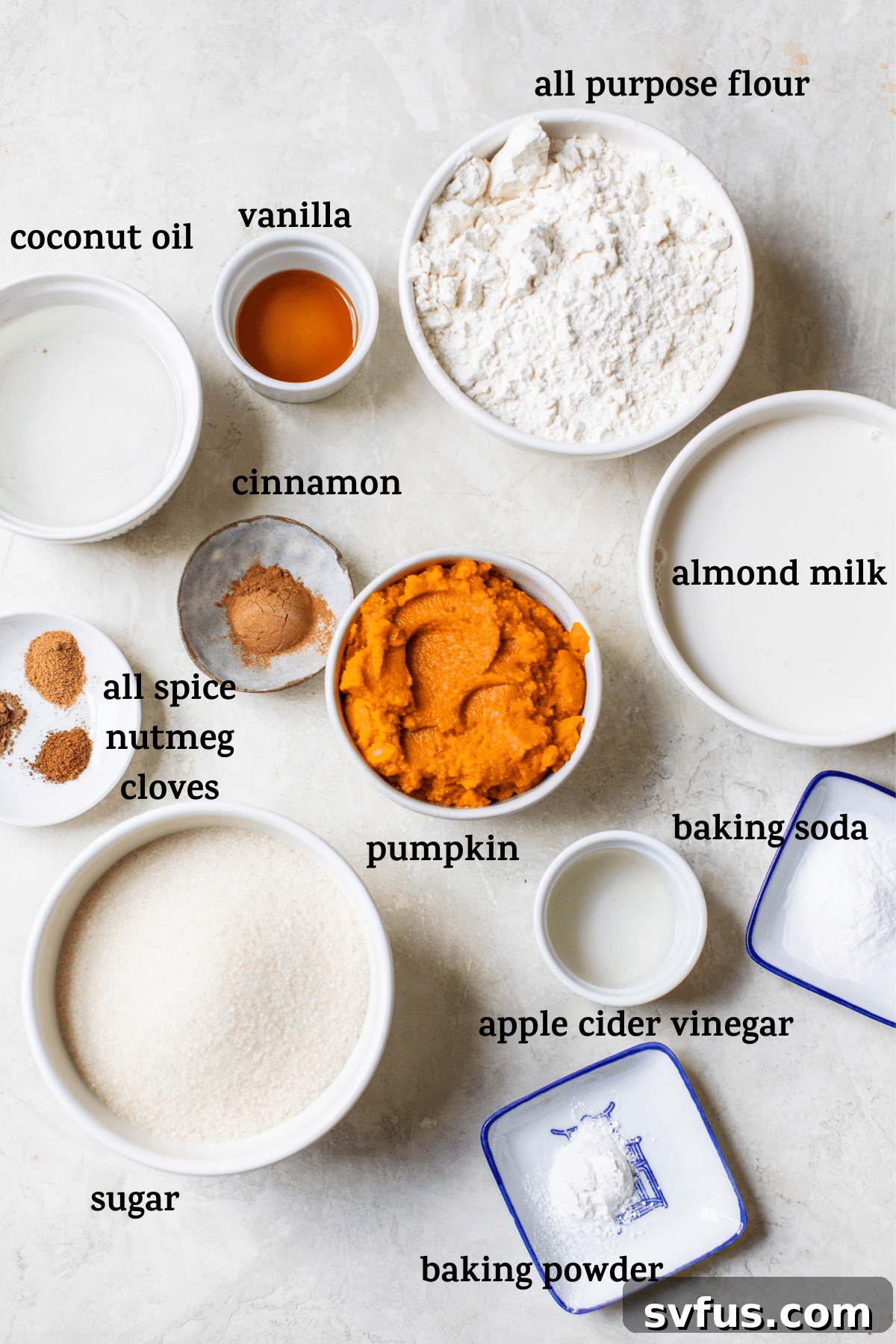 Various baking ingredients, including flour, sugar, spices, and pumpkin puree, laid out with text overlay for a Vegan Pumpkin Cake recipe.