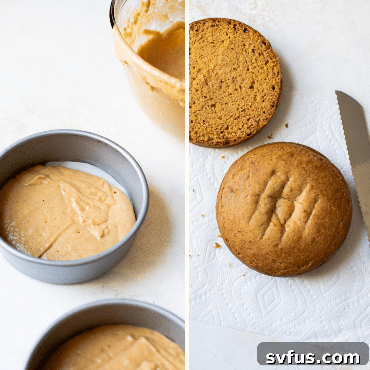 Vegan pumpkin cake batter already poured into three round cake pans, ready for baking.