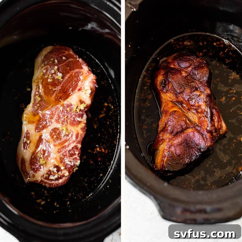 uncooked and cooked pork shoulder in a slow cooker