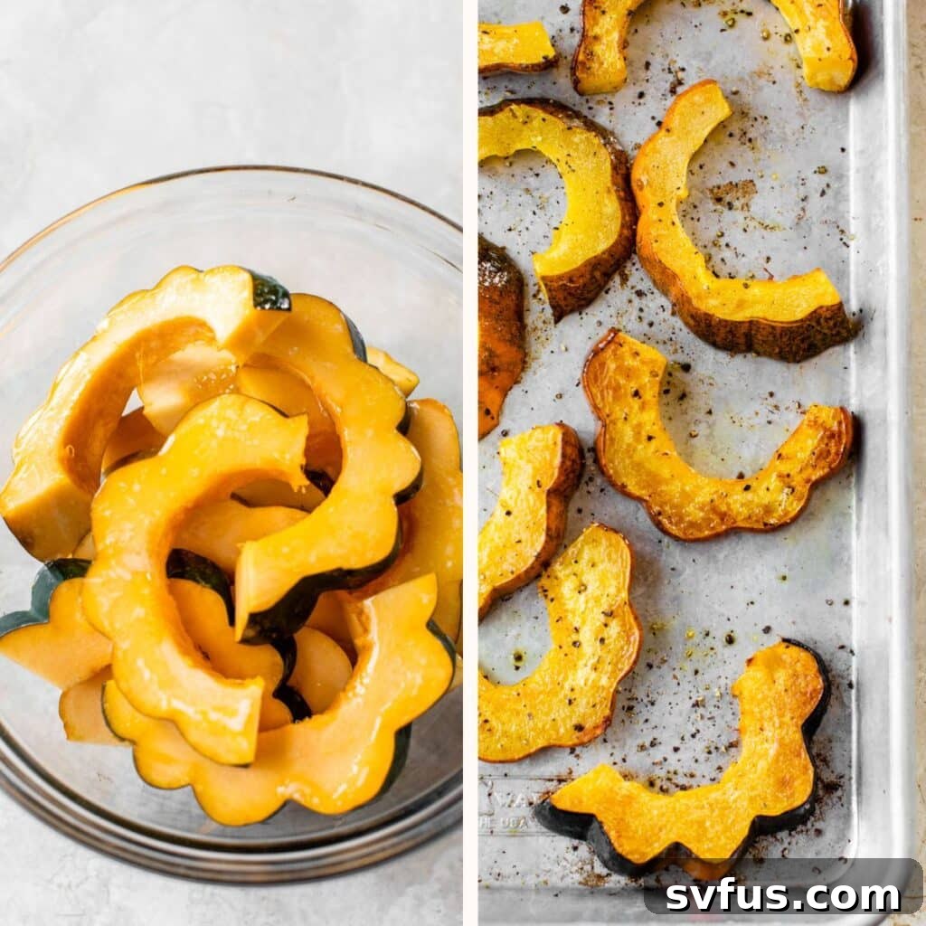 raw sliced acorn squash in a bowl on the left and roasted acorn squash on a baking sheet on the right