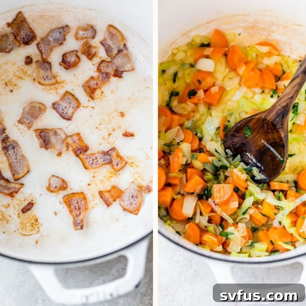 A two-part image showing cooking progress: on the left, crispy chopped bacon and on the right, onions, carrots, and leeks sautéing in a Dutch oven.