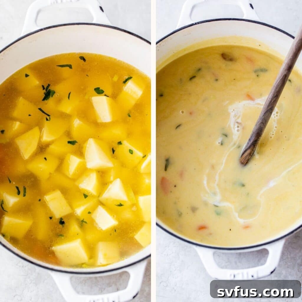 A comparison image: on the left, a pot of chunky potato soup before blending, and on the right, the same soup transformed into a smooth, creamy texture after blending.