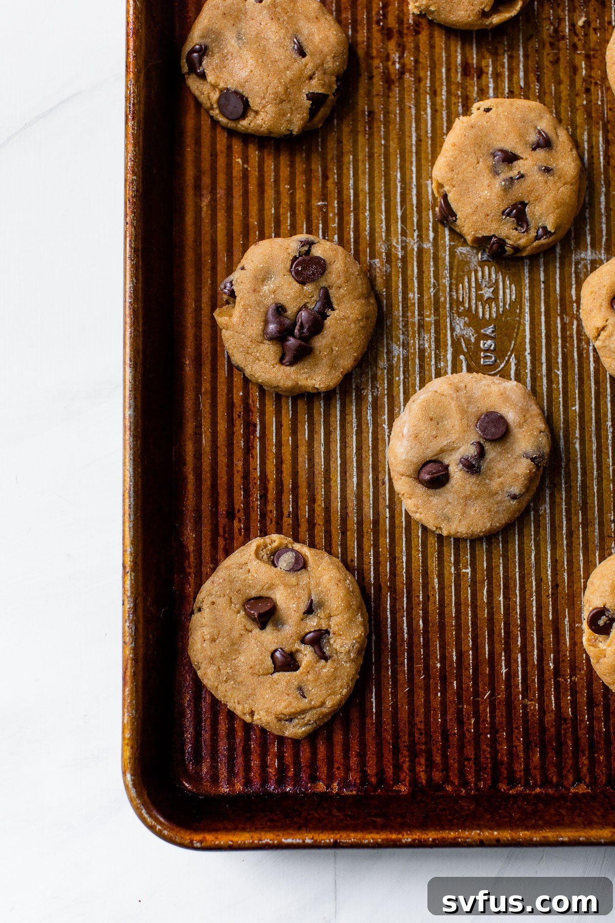 Unbaked tahini chocolate chip cookies, flattened and dotted with chocolate chips, arranged on a baking sheet before going into the oven.