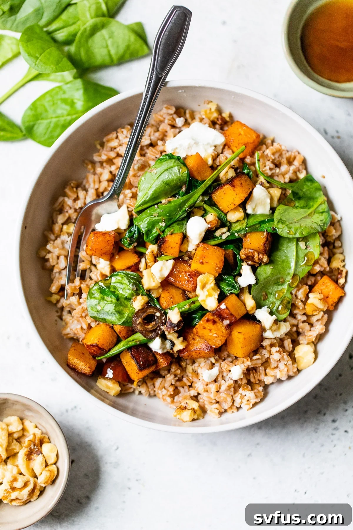 A vibrant bowl of Butternut Squash Farro Salad, featuring golden squash cubes, fresh spinach, crumbled goat cheese, and toasted walnuts, ready to be enjoyed.