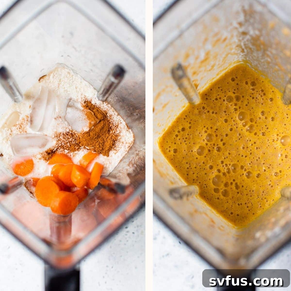 Carrot cake smoothie being blended in a high-speed blender