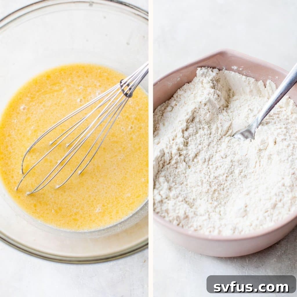 Two bowls showing whisked wet ingredients in one and dry ingredients in another, ready to be combined for the vegan vanilla cake.