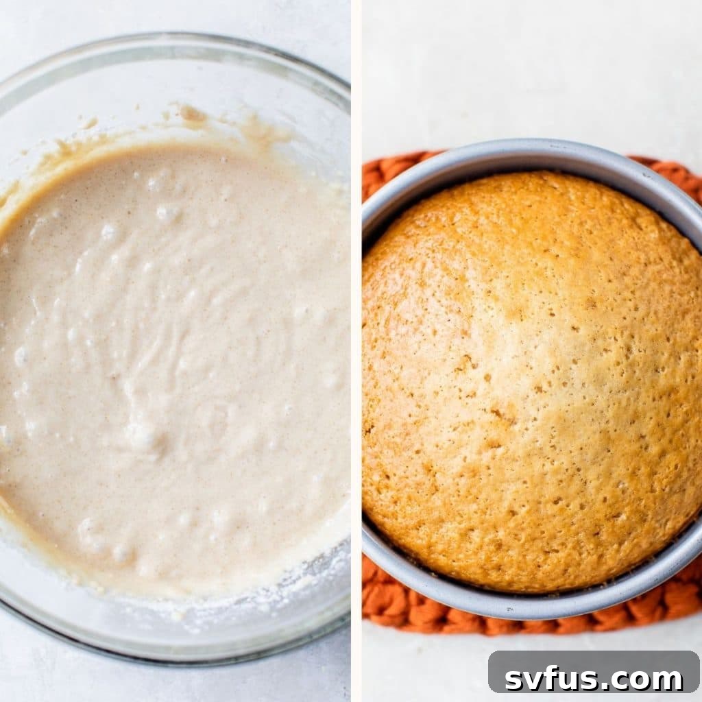 Close-up of fluffy vegan vanilla cake batter in a mixing bowl and a freshly baked cake cooling in its round pan.