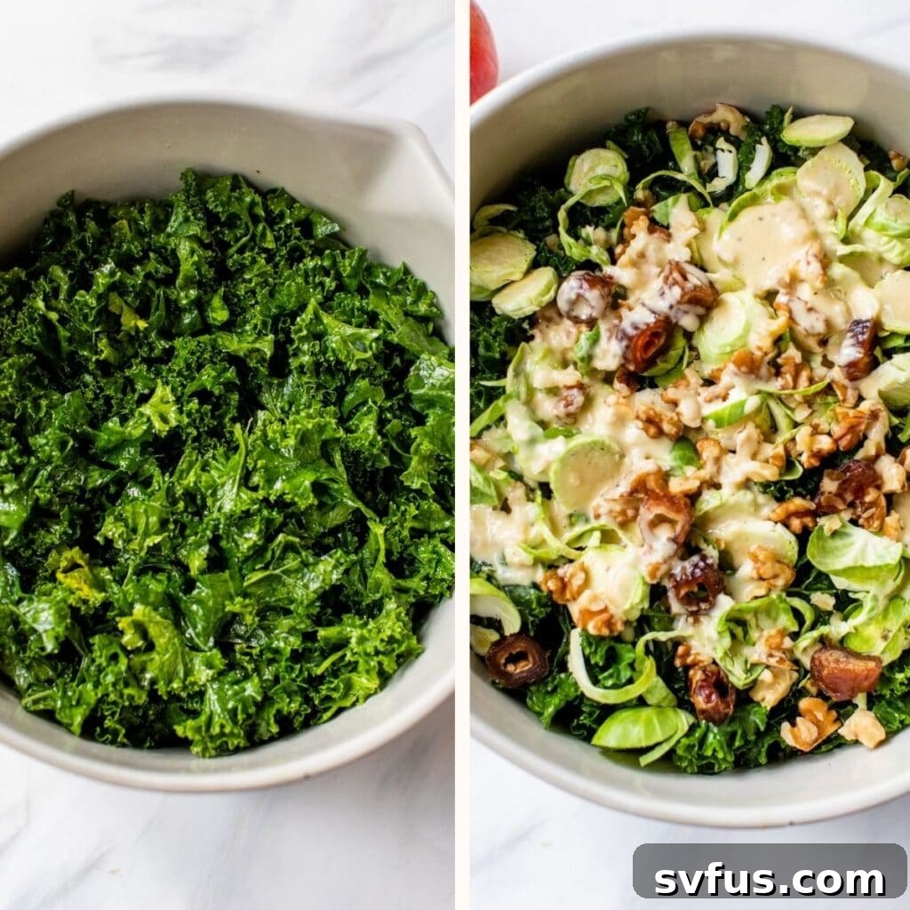 A two-part image showing a large bowl of green, massaged kale leaves on one side, and on the other, the fully assembled kale, apple, and Brussels sprouts salad with walnuts and dates.