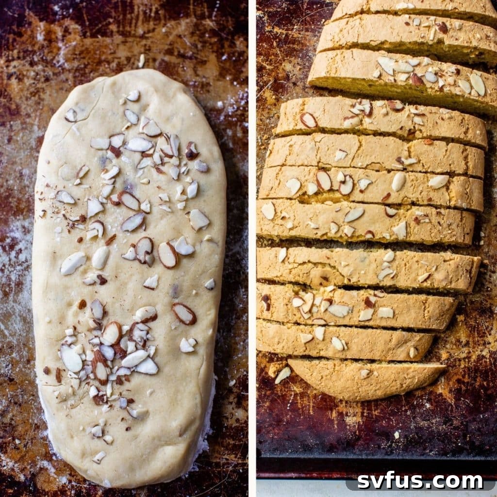 Two biscotti logs on a baking sheet: one unbaked and one golden brown and firm after the first bake.