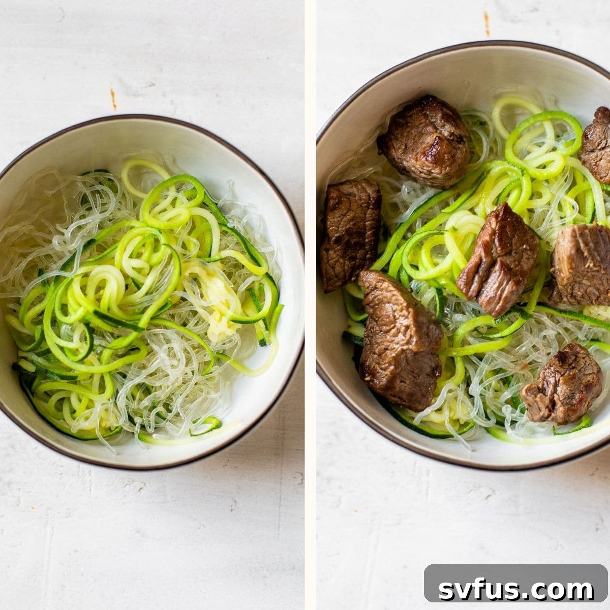 A close-up shot of zucchini and kelp noodles in a bowl, topped with perfectly cooked beef, ready for broth and garnishes.