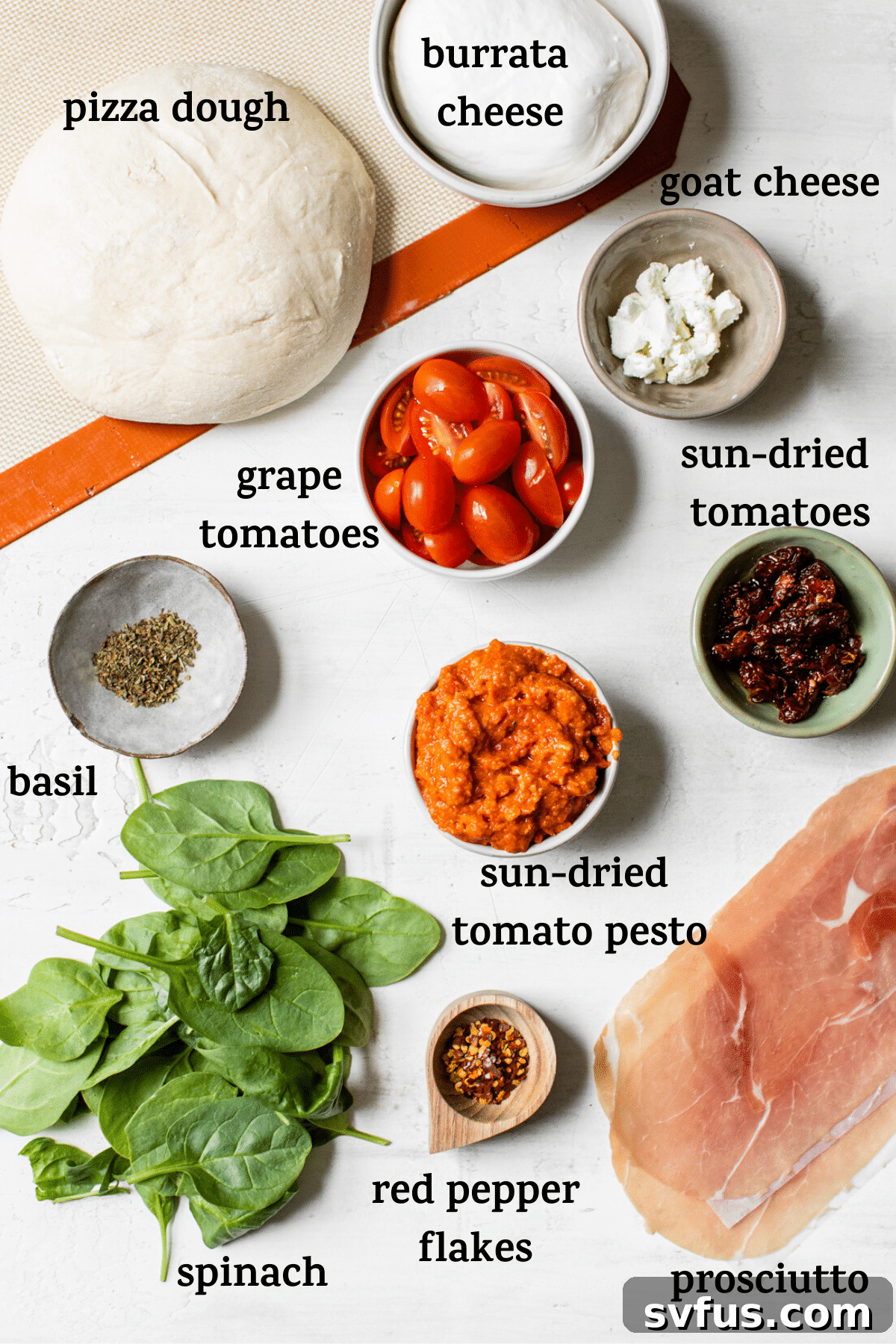 Various pizza ingredients including sun-dried tomatoes, fresh tomatoes, pesto, cheese, and spinach, with text overlays.