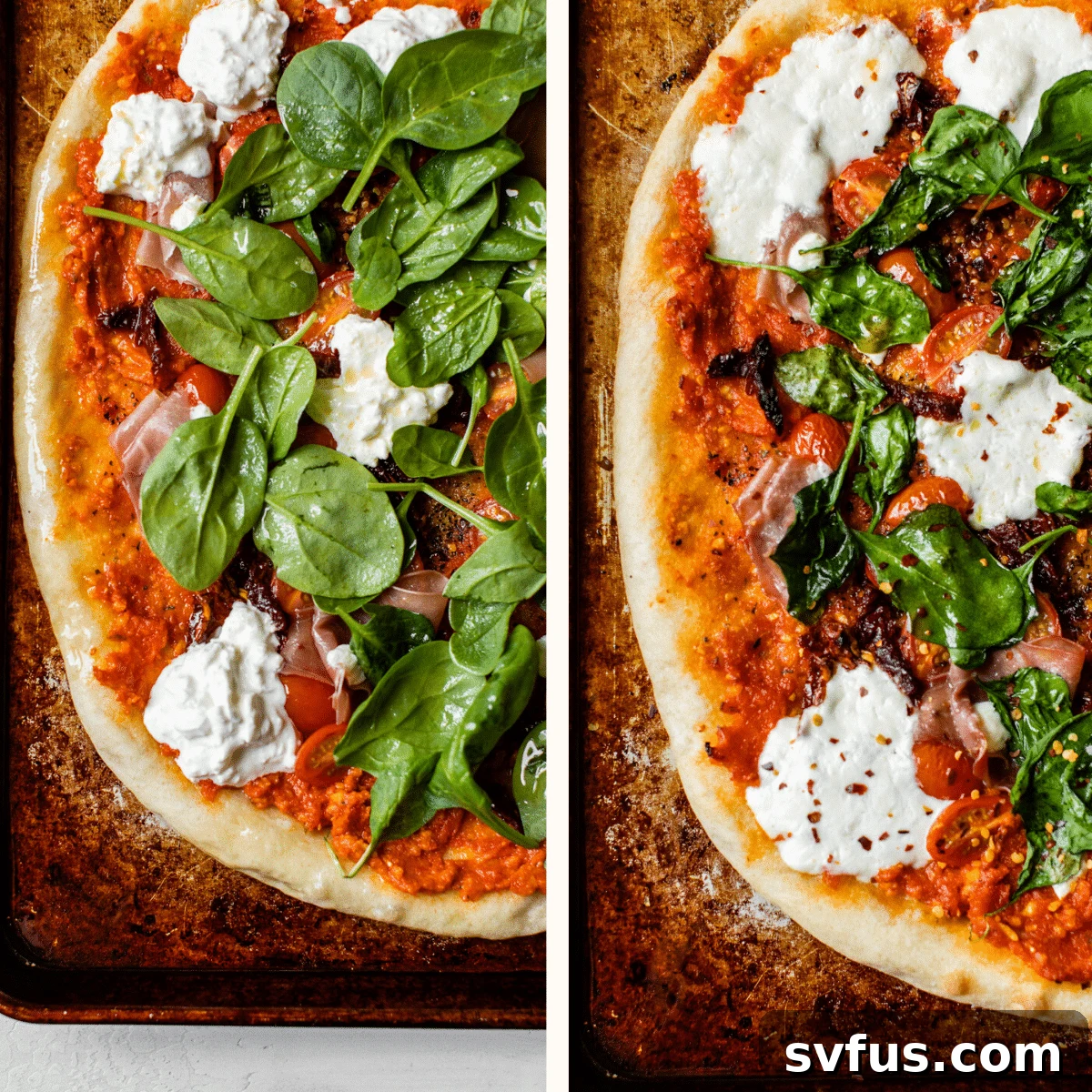 Finished sun-dried tomato pizza on a baking sheet, golden and bubbly after baking.