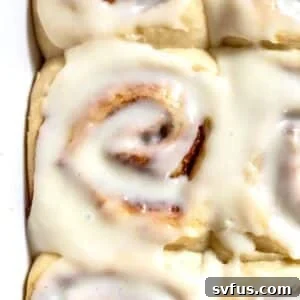 Close up on a cream cheese frosting-topped vegan cinnamon roll, perfect and ready to eat.