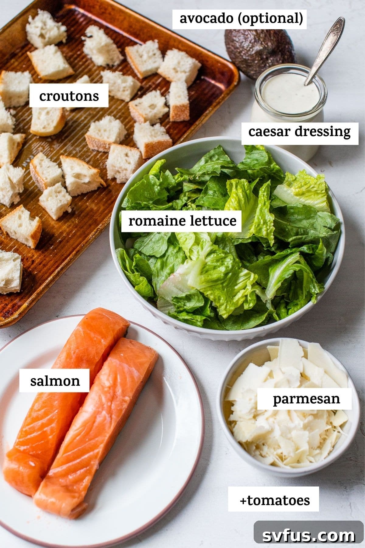 A neatly arranged flat lay of fresh ingredients including crisp romaine, bright red grape tomatoes, a block of Parmesan, and raw salmon fillets, signaling the start of a delicious salad.