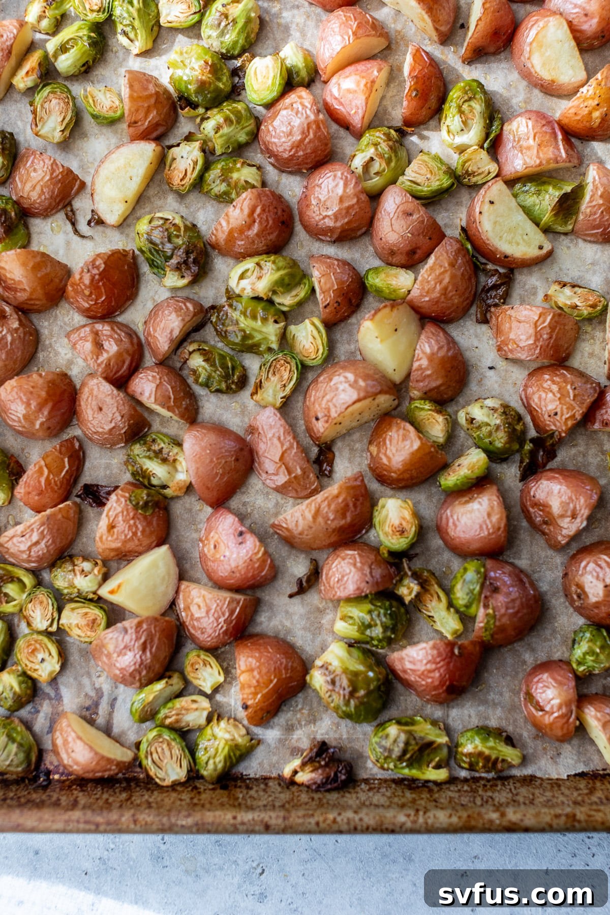Golden-brown roasted red potatoes and caramelized brussels sprouts are shown on a baking sheet, fresh from the oven and perfectly cooked.