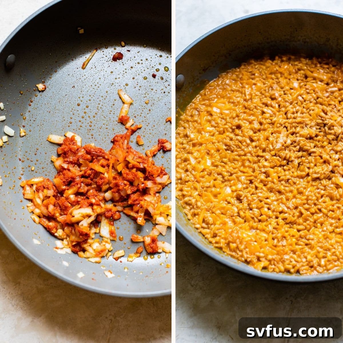 Diced onions and red curry paste being sautéed in a skillet.