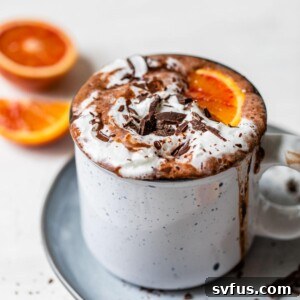 a glass of hot chocolate topped with whipped cream and an orange wedge