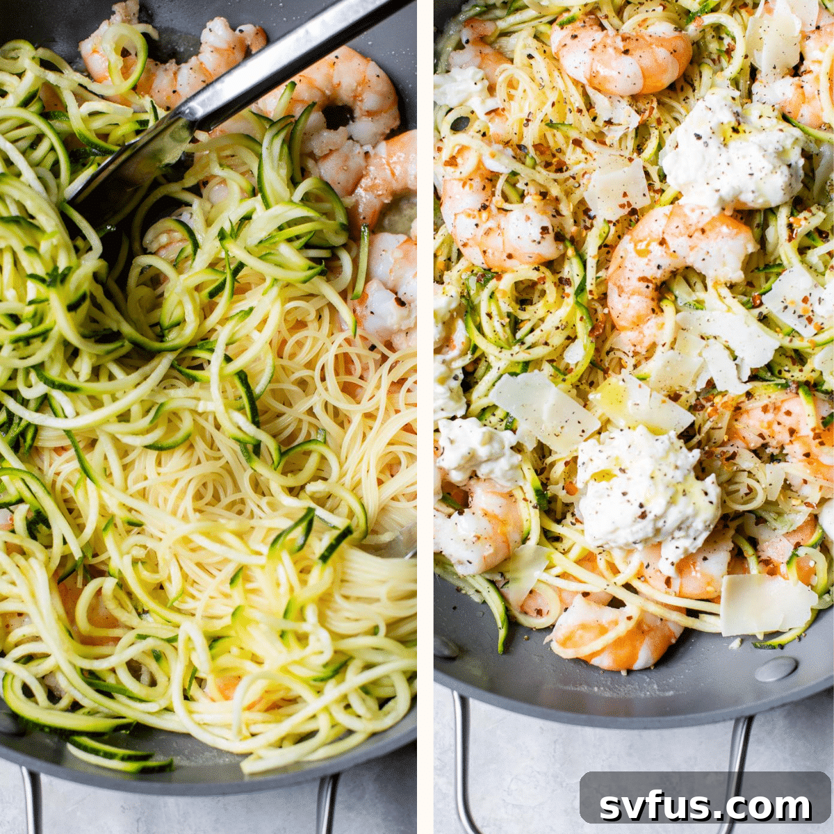pasta and shrimp in a skillet