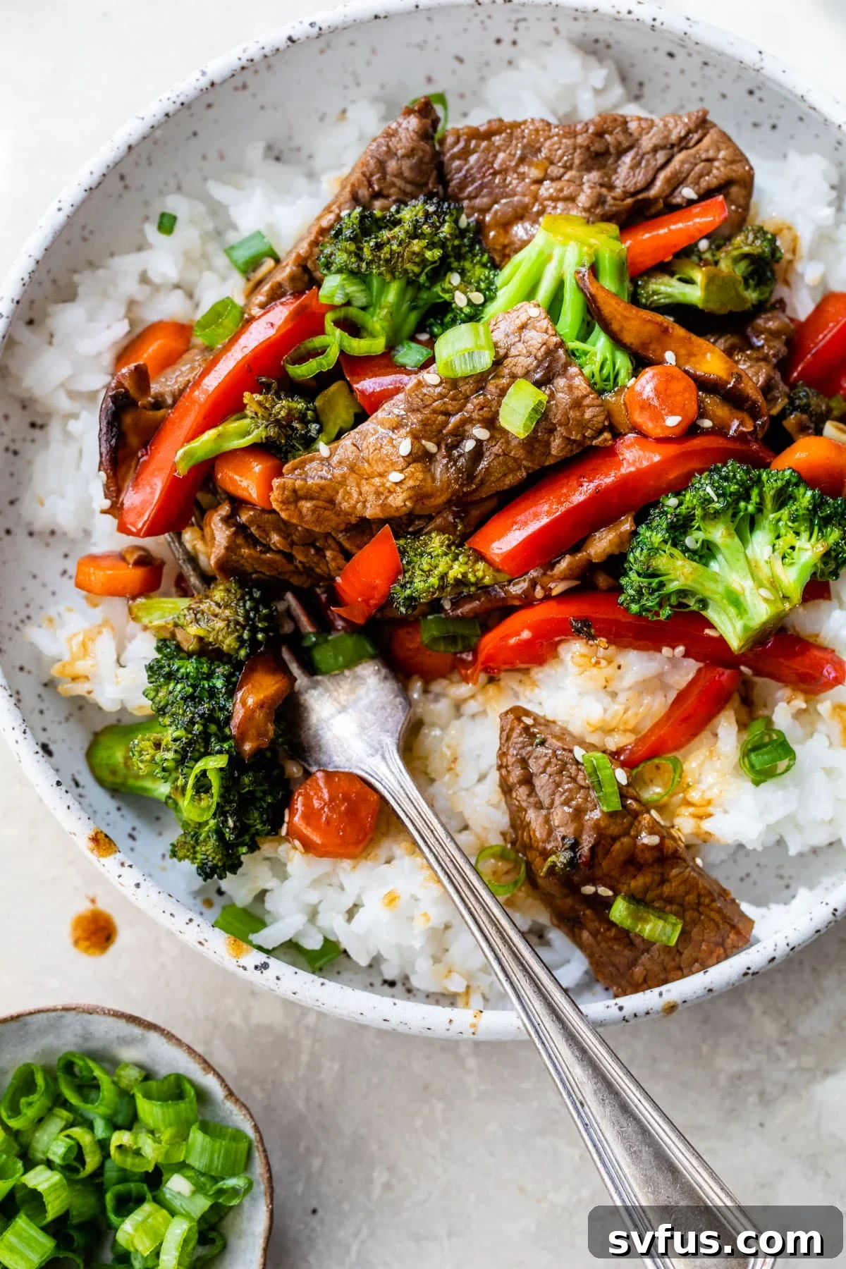 A beautifully plated bowl of beef stir fry, featuring tender beef strips, vibrant broccoli florets, and red bell pepper slices, served over fluffy rice.