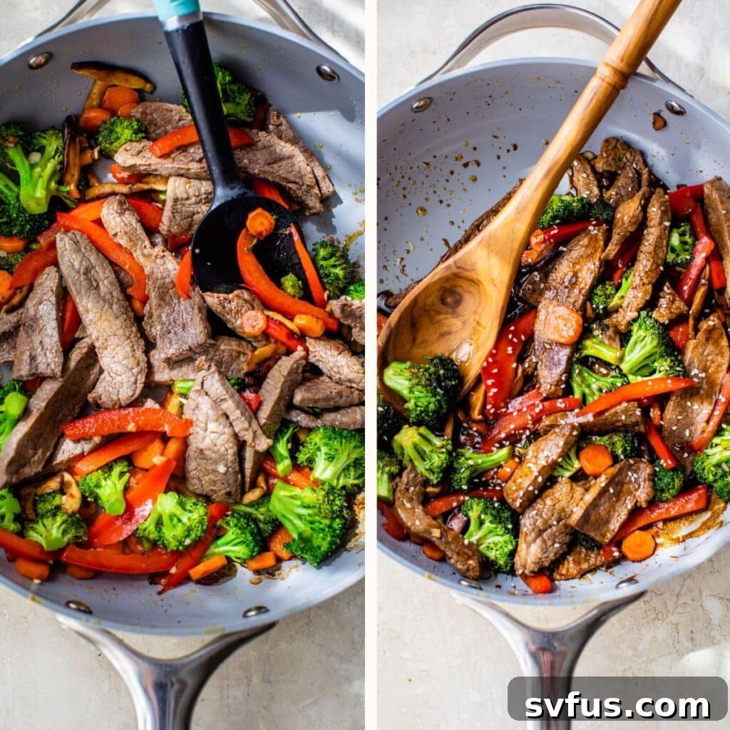 A vibrant beef stir fry, fresh from the skillet, showcasing a medley of colorful vegetables and tender beef strips coated in a glossy sauce.