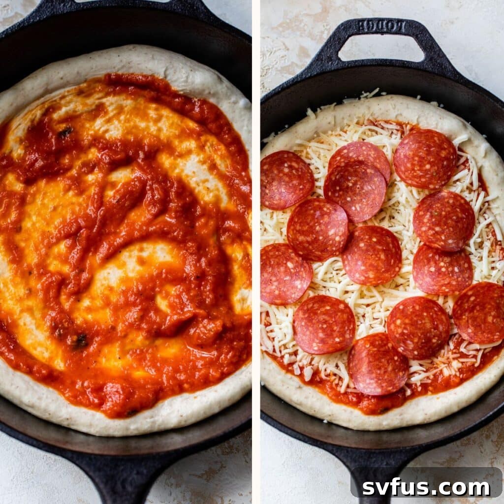 pizza dough in a cast iron skillet topped with sauce, shredded cheese and pepperoni, ready for baking