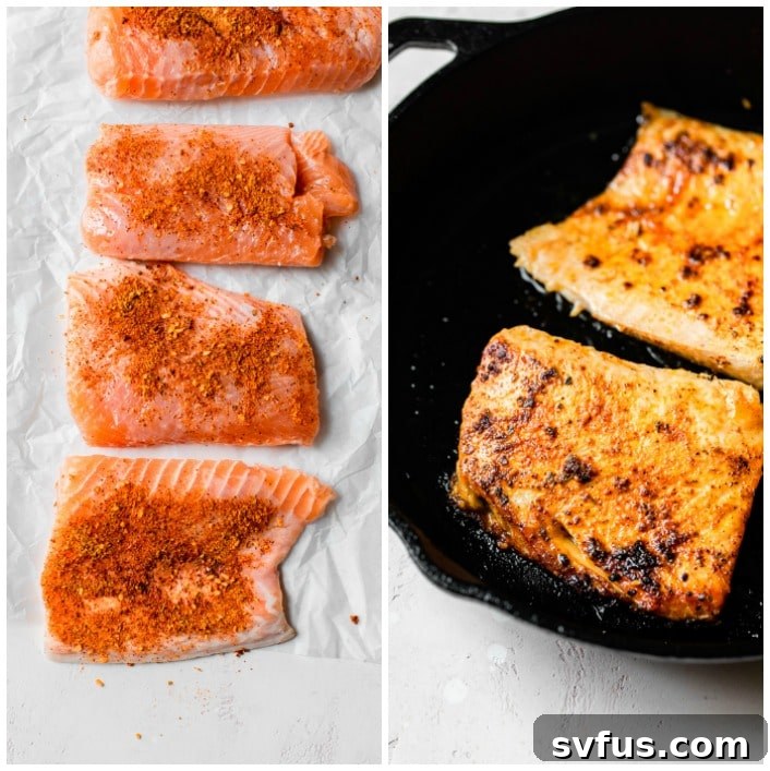salmon on parchment paper before cooking and in a skillet while cooking
