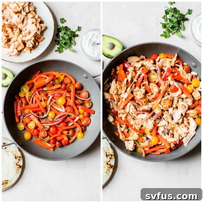 fajitas being assembled on a plate with tortillas, salmon and vegetables mixture, and avocado