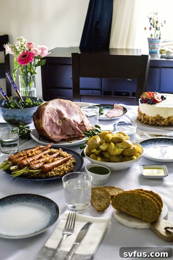 Close-up of a perfectly cooked Easter ham with a vibrant glaze, ready to serve