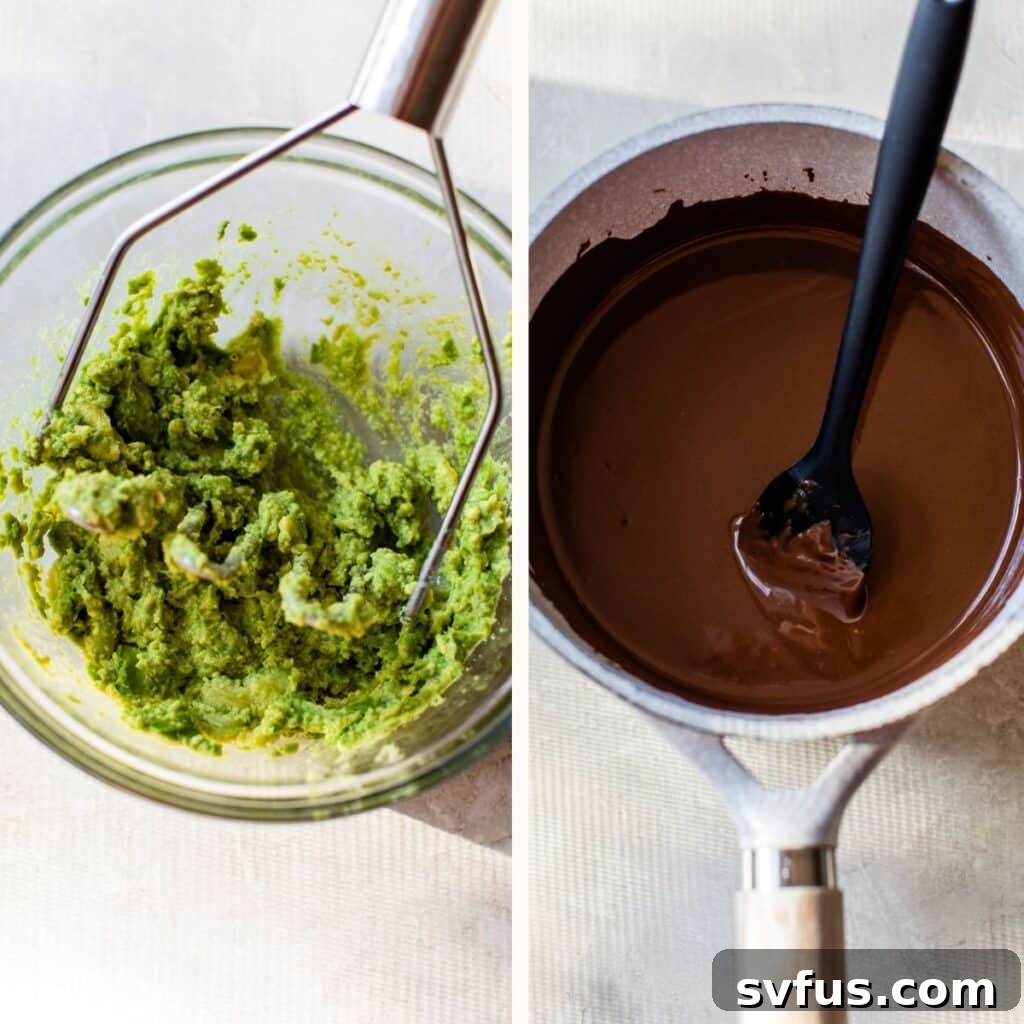 Two bowls side-by-side: mashed avocado in one bowl and melted chocolate and coconut oil in a saucepan.