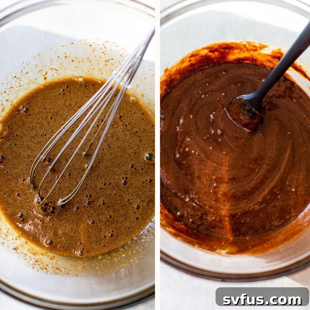 Two stages of batter mixing: whisked eggs and sugar on the left, and the addition of melted chocolate on the right, showing the rich brown color.