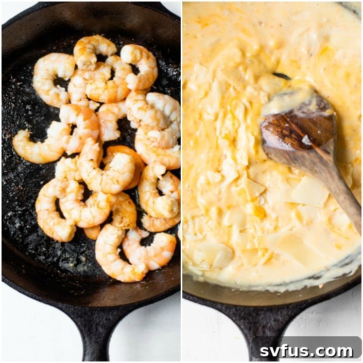 A close-up shot of a rich, golden cheese sauce simmering in a skillet, with succulent buffalo-coated shrimp scattered throughout.