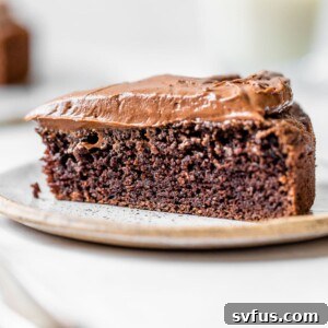A stunning slice of moist almond flour chocolate cake on a small plate.