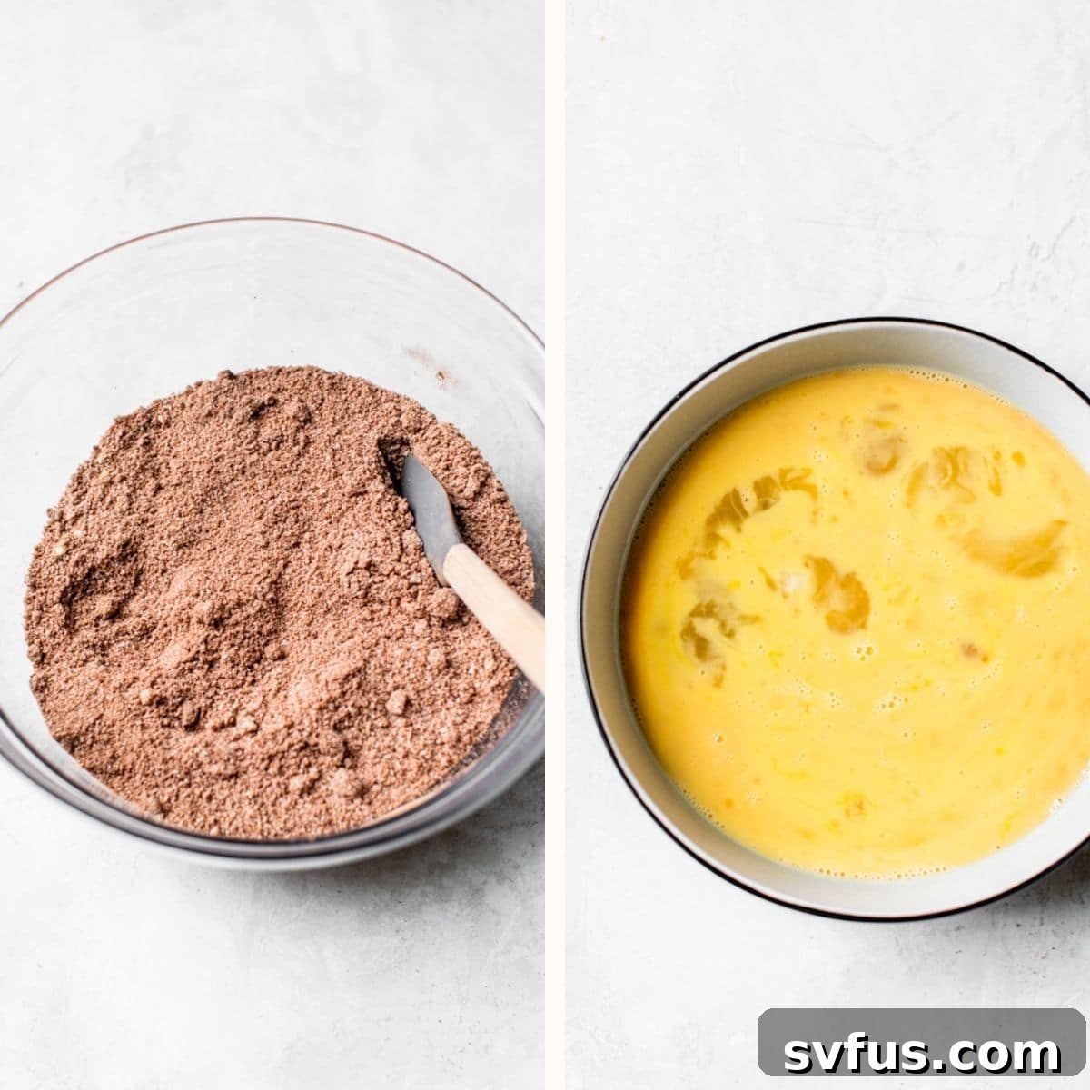 Dry cake ingredients in one bowl and whisked eggs with maple syrup and vanilla in another.