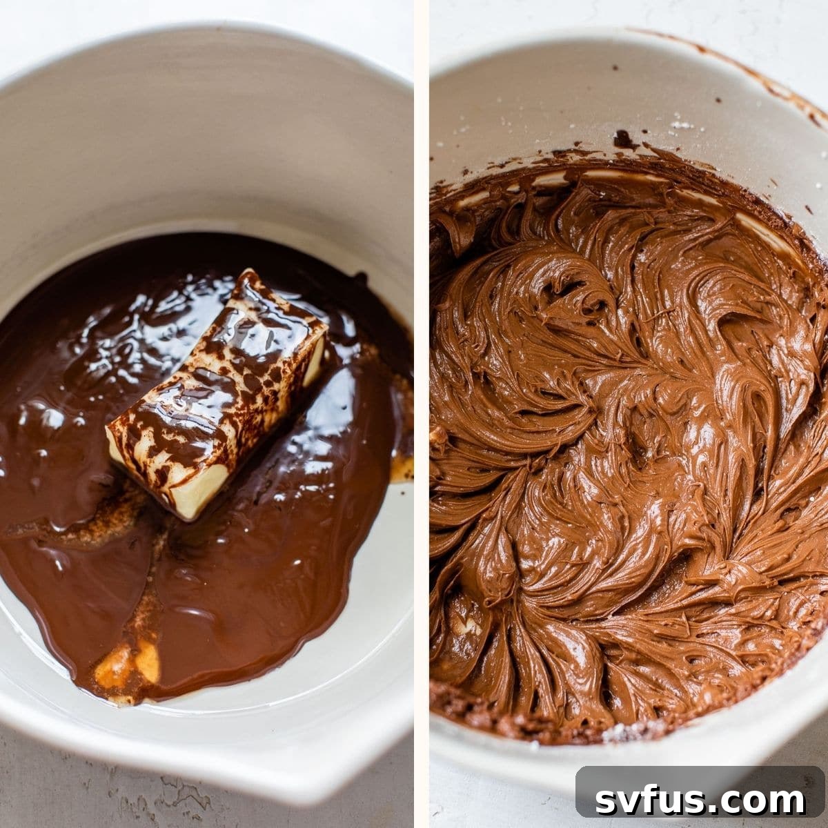 Rich chocolate frosting in a metal mixing bowl, ready for frosting.