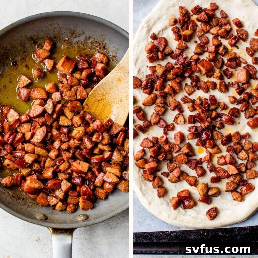 Crispy chorizo cooking in a skillet, and then transferred onto pizza dough, forming a flavorful base.