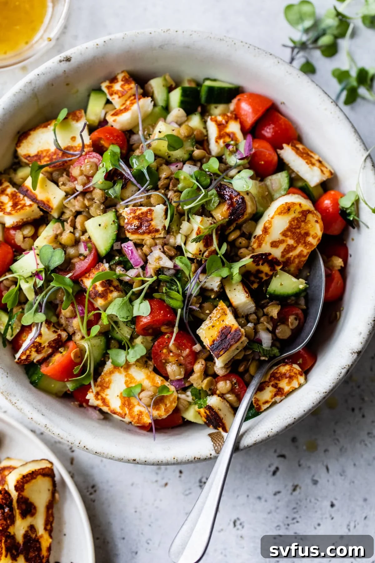 A large bowl brimming with Halloumi Lentil Salad, showcasing golden pan-fried halloumi cubes, hearty brown lentils, vibrant cherry tomatoes, and refreshing cucumber slices, all tossed with fresh herbs. A serving spoon is ready for enjoyment.