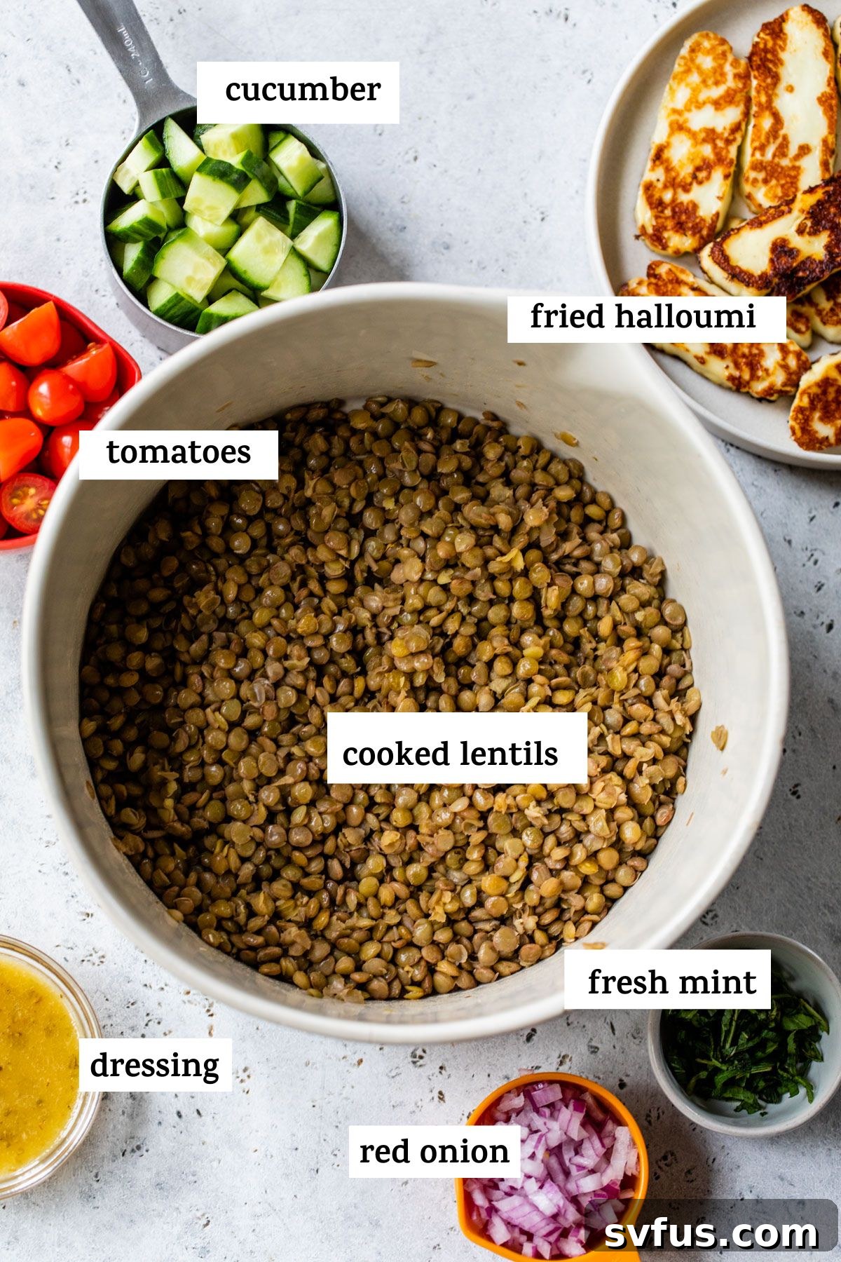 Fresh ingredients laid out on a wooden table, including uncooked brown lentils in a bowl, bright red grape tomatoes, a whole cucumber, a block of halloumi cheese, and a handful of fresh mint, ready for making Halloumi Lentil Salad.